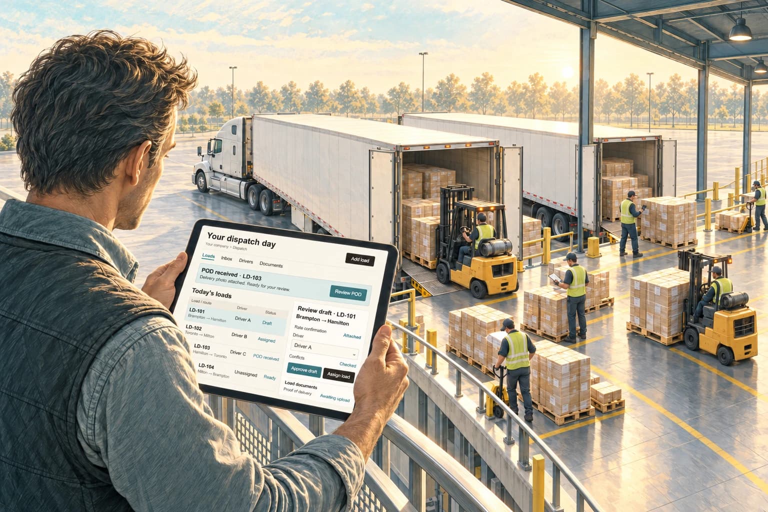 Illustrated dispatcher reviewing loads and proof of delivery on a tablet above a busy loading dock, with trucks, forklifts and workers below.