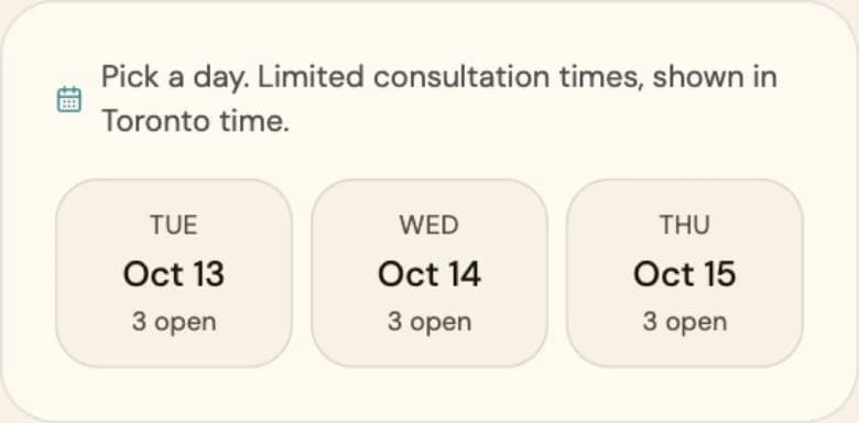 The booking form built for this site, showing three invented October dates and available appointment counts.