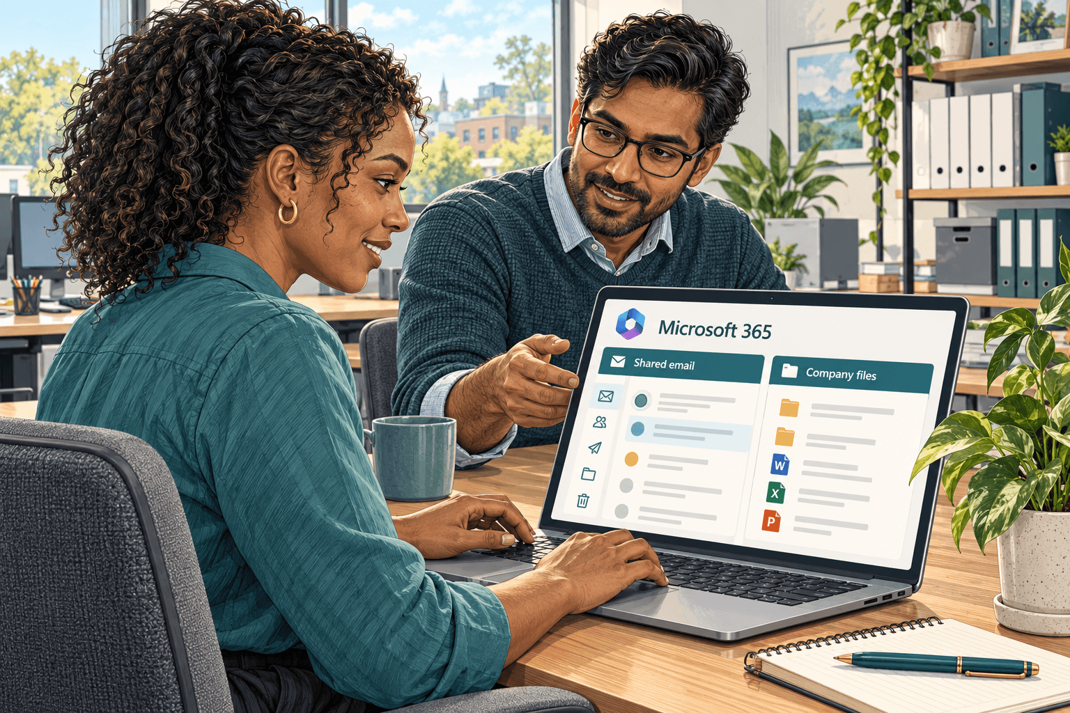 Illustrated coworkers reviewing a laptop with conceptual Microsoft 365 shared-email and company-file panels in a bright office.