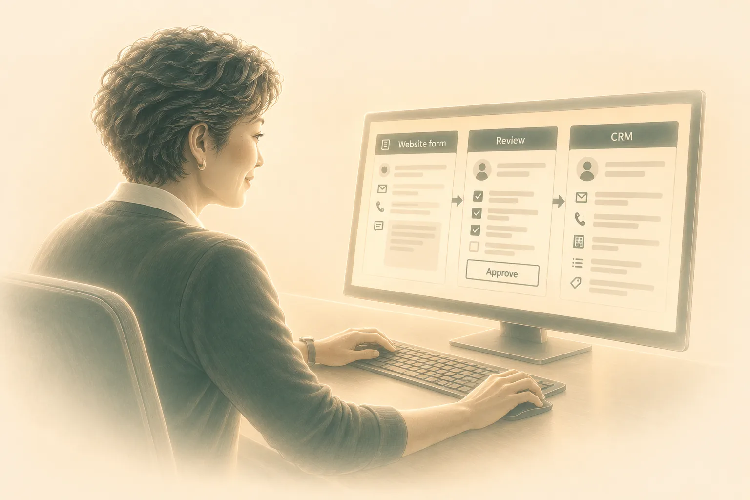 Illustrated business owner reviewing a conceptual website-form, review and CRM workflow on an office monitor.