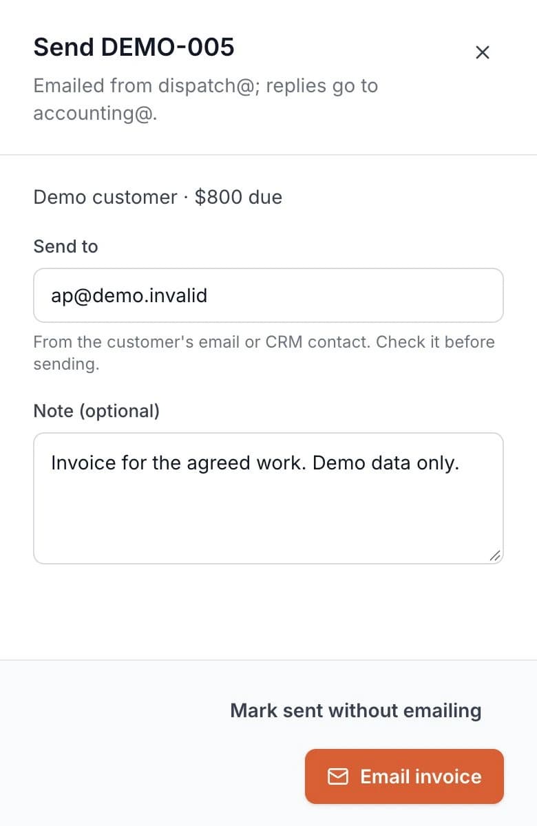 Actual invoice email screen with invented demo invoice DEMO-005, a recipient and an Email invoice button.