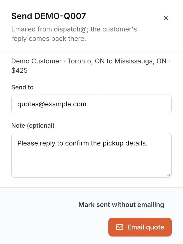 Actual quote email screen with invented demo quote DEMO-Q007, a recipient, an optional note and an Email quote button.